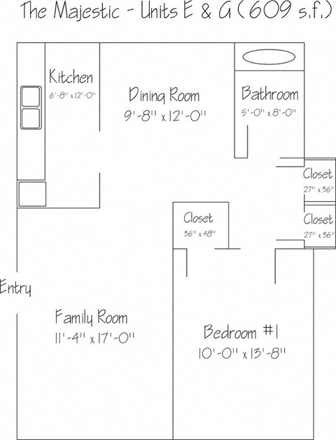 Floor plan for 1 bed, 1 bath, 642 sqft
